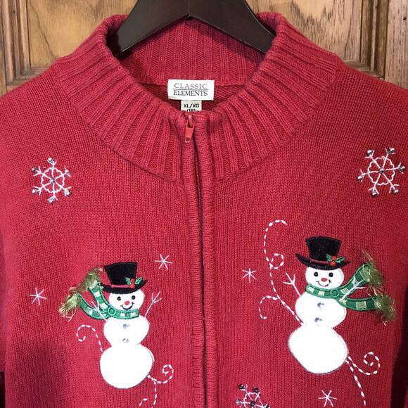 Classic Elements Christmas Snowman Sweater Women's XL Red Ramie Cotton Full Zip - Picture 4 of 12
